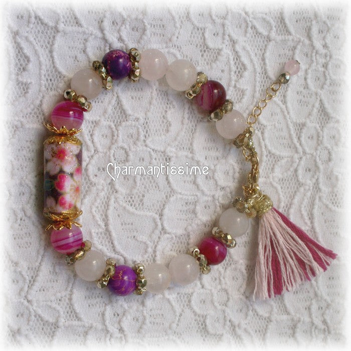 Bracelet baroque romantique glamour rose fuchsia boho-chic pour femme solaire