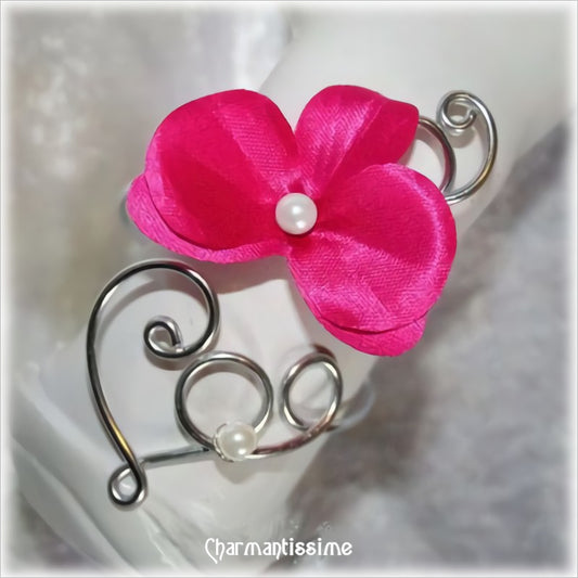 bracelet mariage fleur orchidée fuchsia et coeur argent