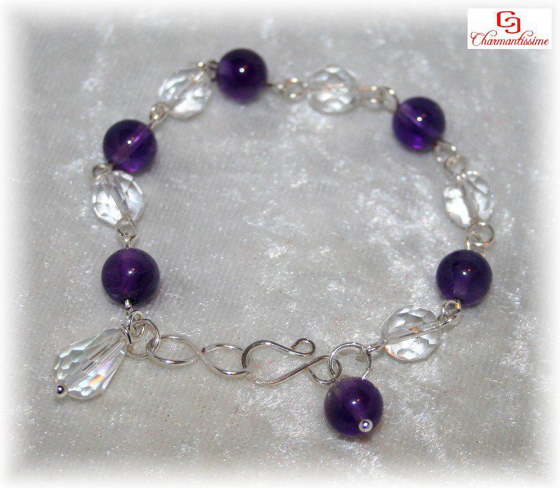 Bracelet améthyste et cristal de bohême avec fermoir Infini plaqué-argent pas cher