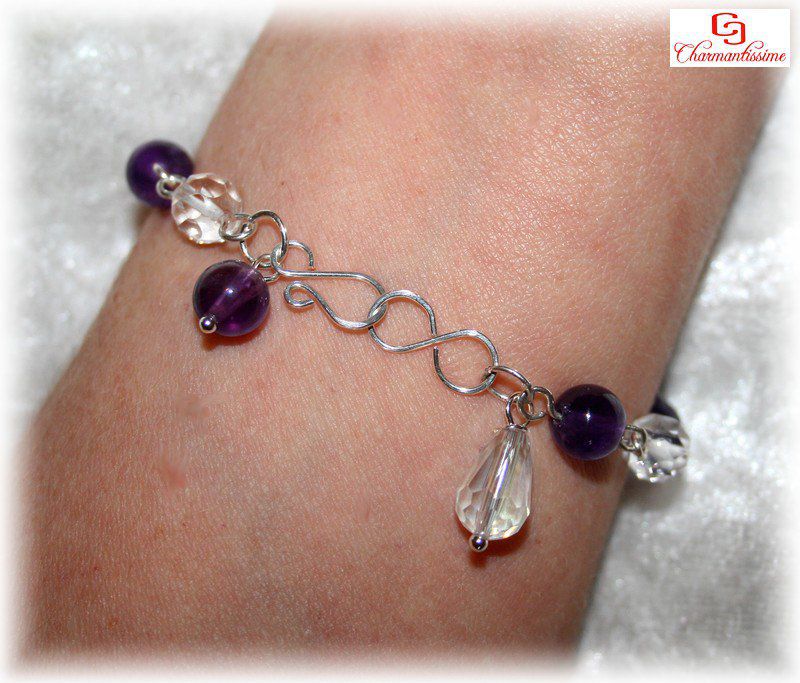 Bracelet femme pierres améthyste et cristal de bohême avec fermoir Infini plaqué-argent + goutte cristal
