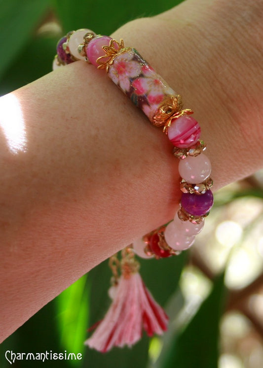 bracelet fleurs cerisier sakura boho chic avec agate fuschia quartz rose et jaspe violet + pompon