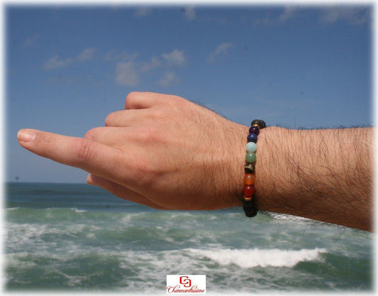 Bracelet chakras homme, pierres naturelles, pierre de lave ancrage protection