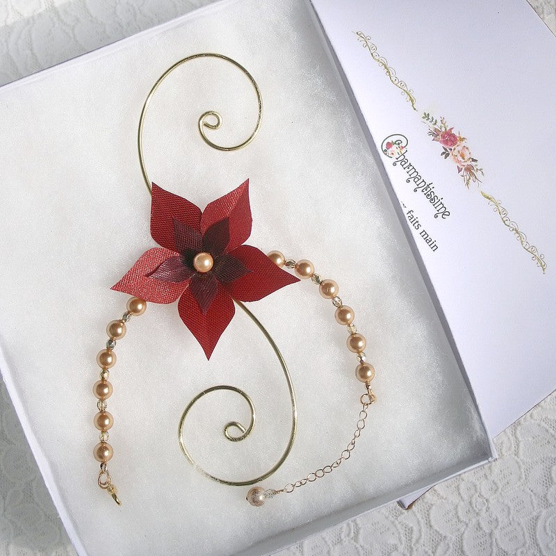 Bracelet mariage fleur bordeaux et doré or