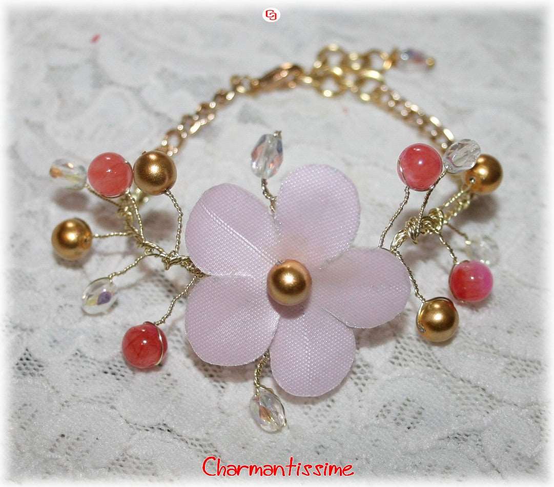 bracelet mariage fleur cerisier satin rose laiton doré or perles jade sakura