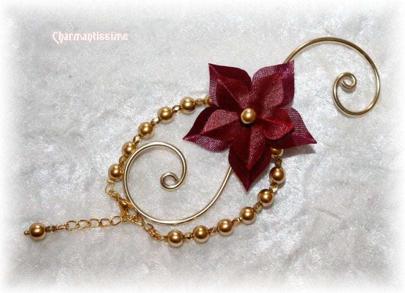 Bracelet fleur bohème chic en satin bordeaux et perles dorées pour mariage et cérémonie