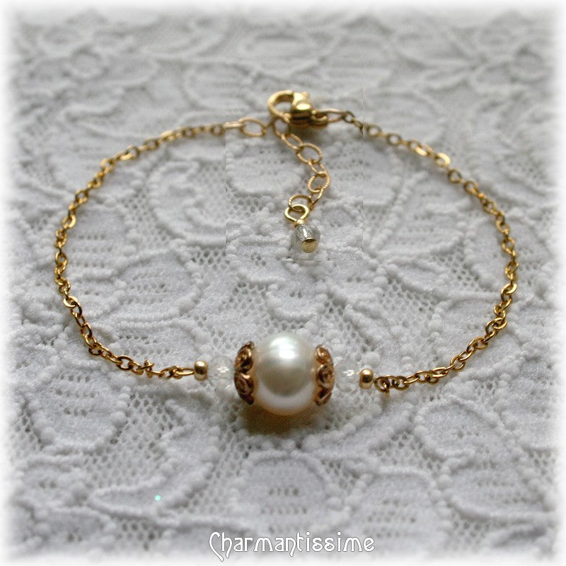 Bracelet mariage boheme blanc or et cristal