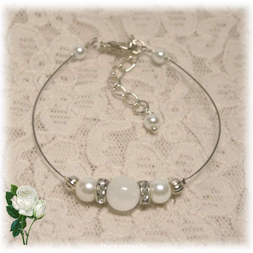 Bracelet de mariée pierre de lune blanche, strass, argent