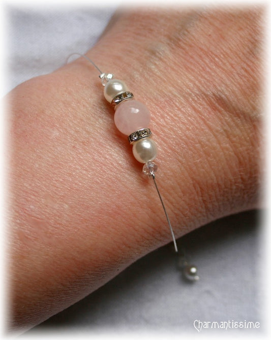 Bracelet mariée en quartz rose et cristal swarovski sur argent