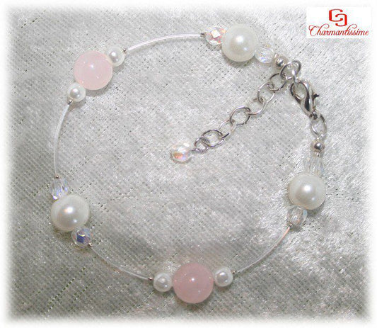 Bracelet mariage Amour Quartz rose et perles nacrées + perles cristal pour mariée