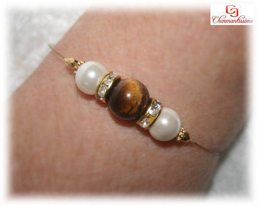 Bracelet pas cher pierres naturelles véritables marron et blanc ivoire Protection finances