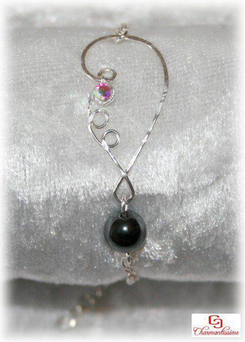 Bracelet aile d'ange minimaliste + strass & perle hématite sur chaine fine argent massif 925