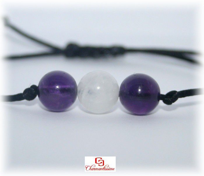 Bracelet pierre de lune améthyste femme cordon noir