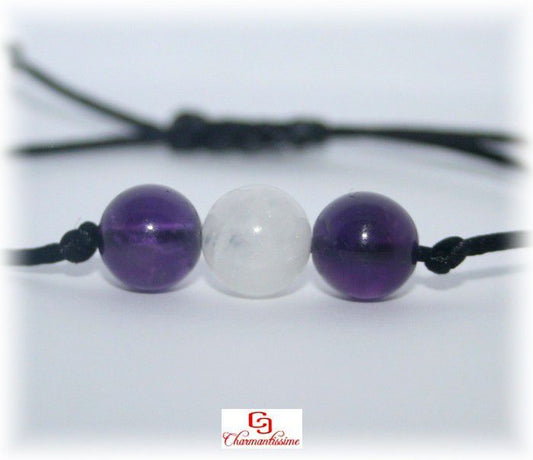 Bracelet pierre de lune améthyste femme cordon noir