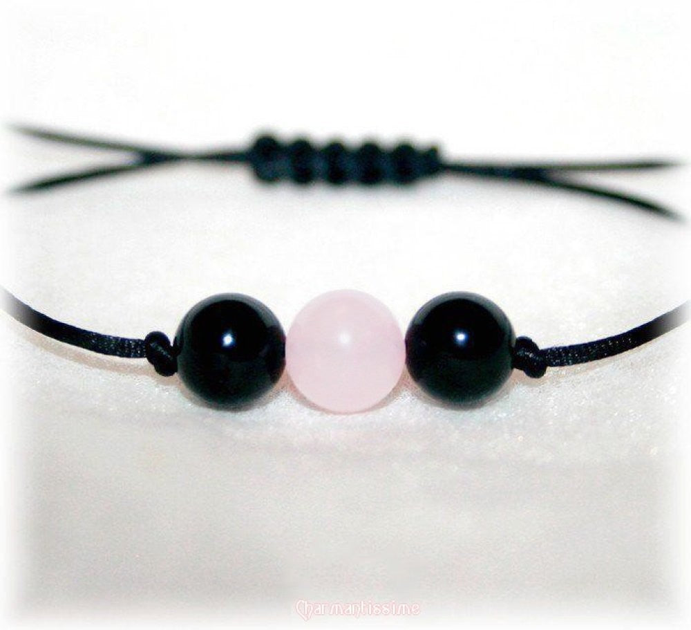 Bracelet Quartz Rose Tourmaline noire cordon fin noir style minimaliste ajustable femme