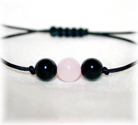 Bracelet Quartz Rose Tourmaline noire cordon fin noir style minimaliste ajustable femme