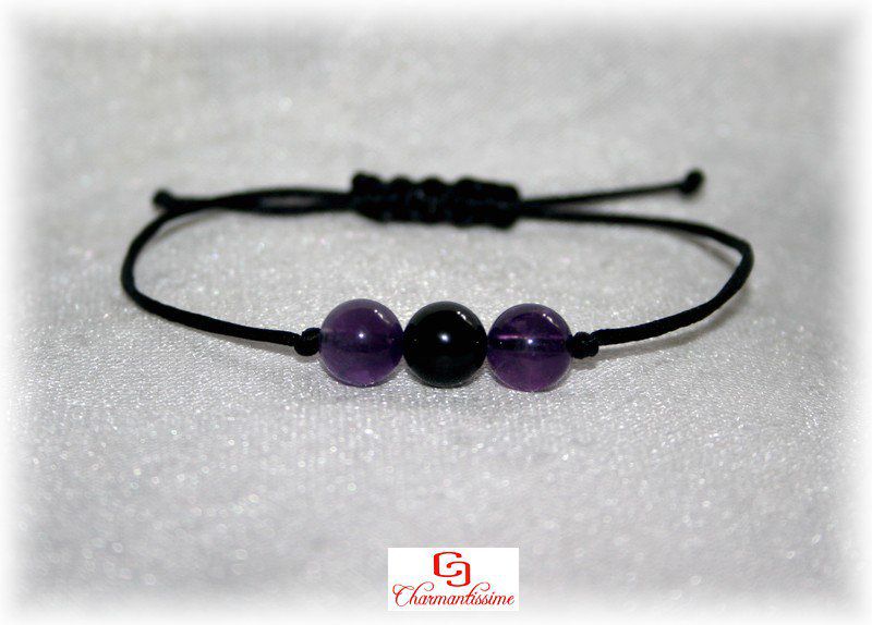 Bracelet pierres amethyste et tourmaline noire - Bijou protection pour homme et femme