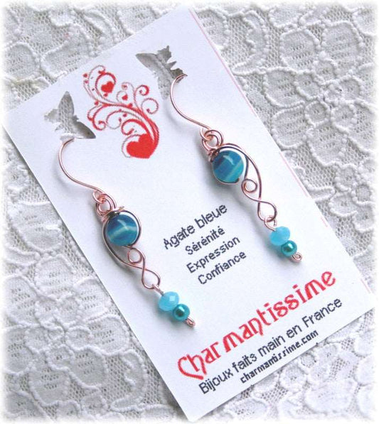 cadeau femme longues boucles d'oreilles rose gold et agate bleu turquoise