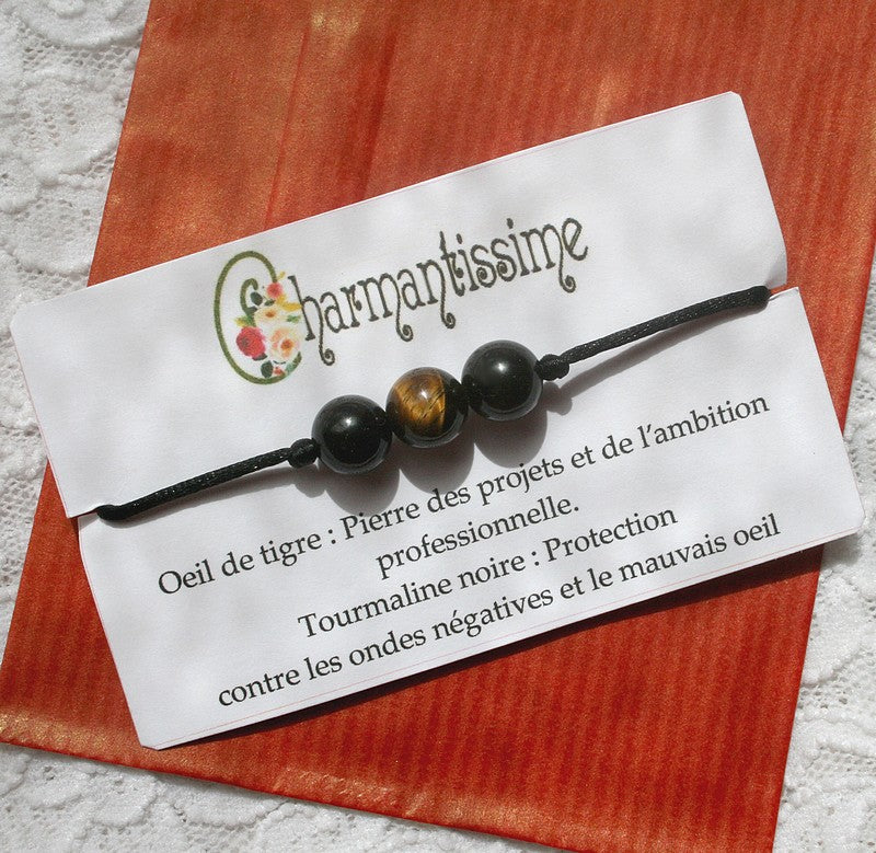 cadeau pas cher idéal homme et femme : bracelet lithothérapie 3 perles oeil de tigre et tourmaline noire sur cordon fin noir ajustable et personnalisable sur mesure par la boutique en ligne Charmantissime