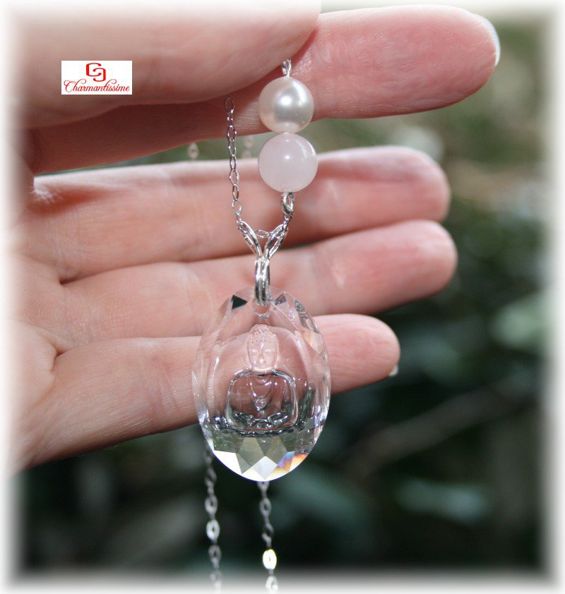 Collier Bouddha cristal swarovski perles quartz rose perle nacre argent-925 pas cher. Bijou mariage religieux bouddhique en pierre fine rose, blanc ivoire et argent.