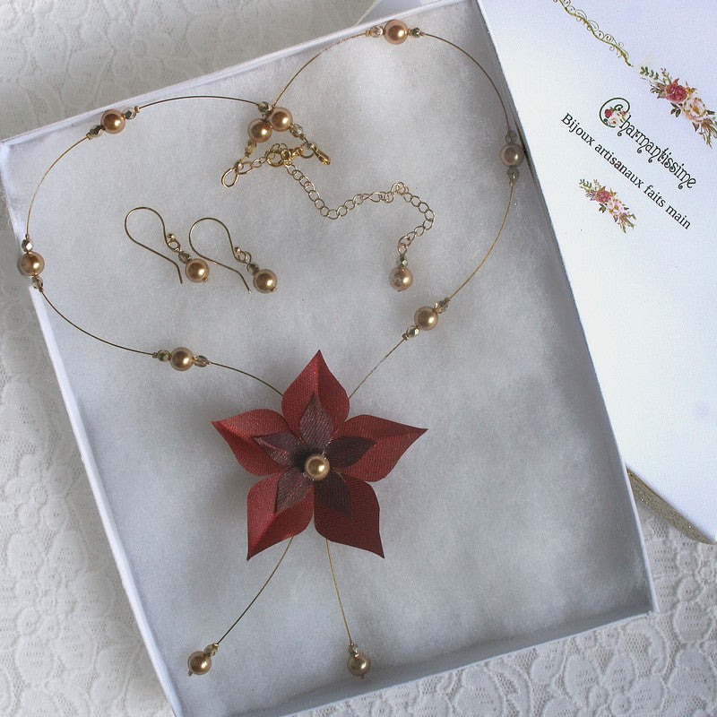 Collier mariage bordeaux et doré or