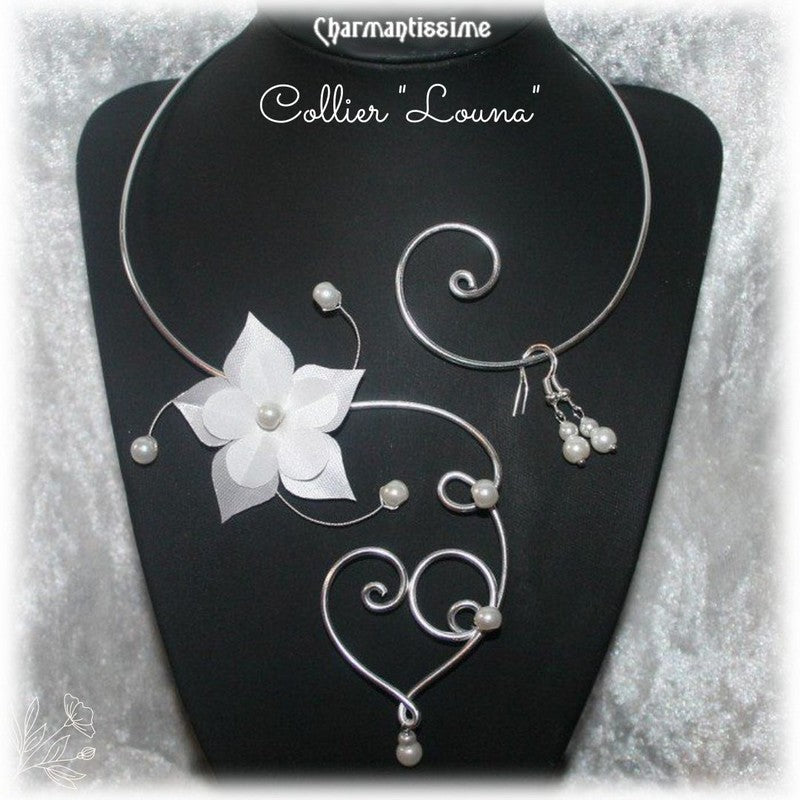 Collier mariage bohème floral Coeur et fleur blanche sur mesure et pas cher, de la marque Charmantissime