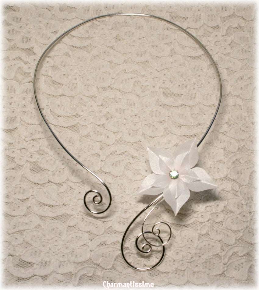 collier mariage fleur blanche satin soie bijou mariee etoile blanc