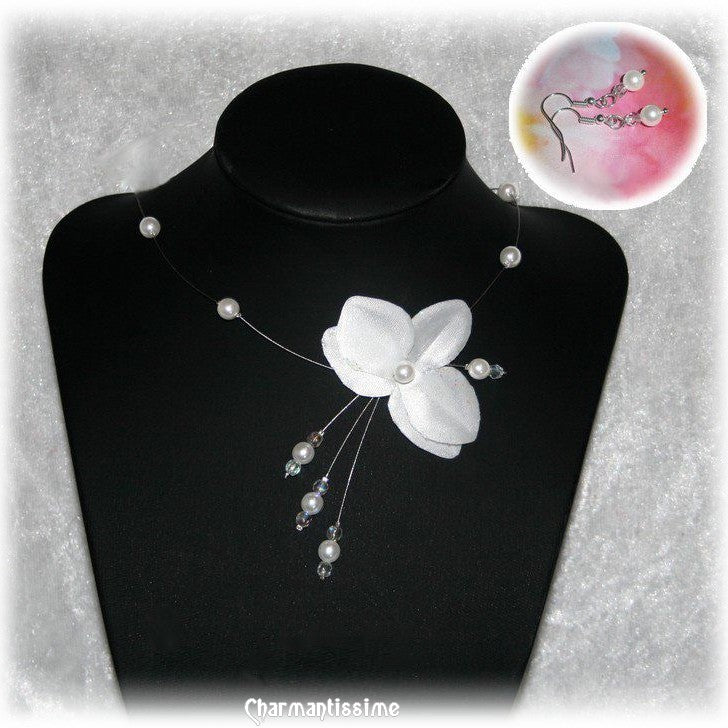 Collier mariage fait main avec perles nacrées et fleur orchidée blanche en satin personnalisable autres couleurs sur mesure pour mariée bohème-chic