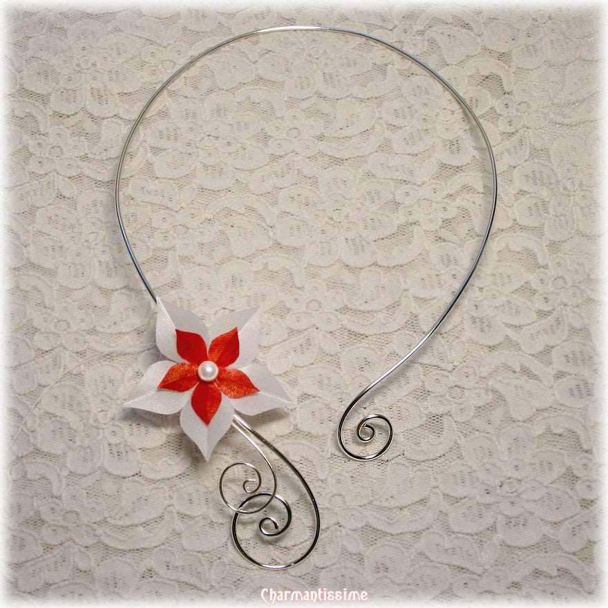 collier mariage fleur rouge et blanche satin soie bijou mariée etoile blanc argent