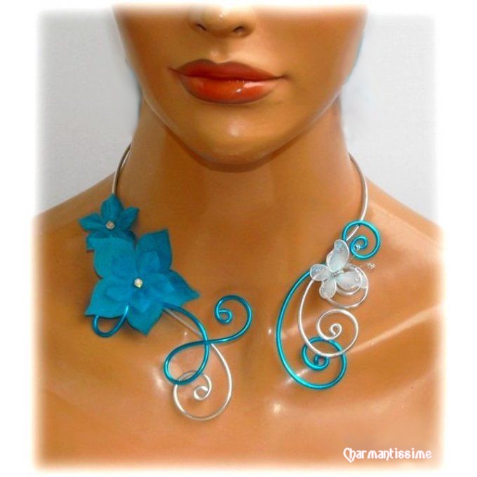 collier mariage fleur soie turquoise papillon