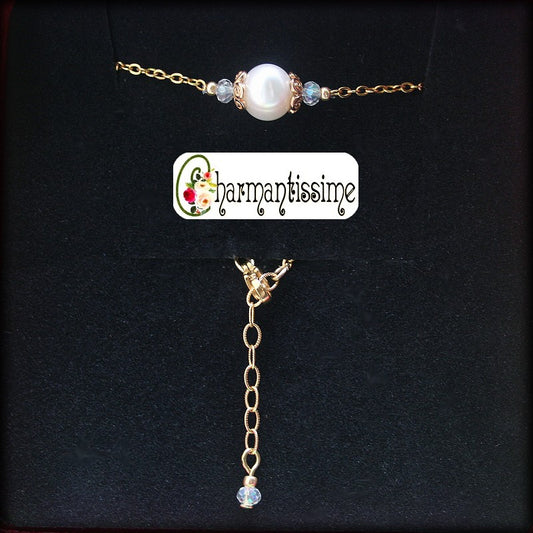 Collier mariage perle de culture d'eau douce et perles cristal de bohême sur chaine fine en acier plaqué or 14 carats
