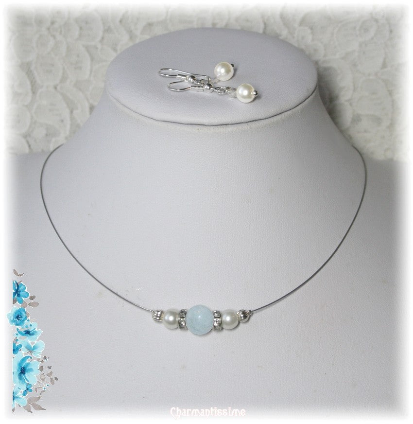 collier de mariée bleu ciel et blanc, strass, aigue-marine