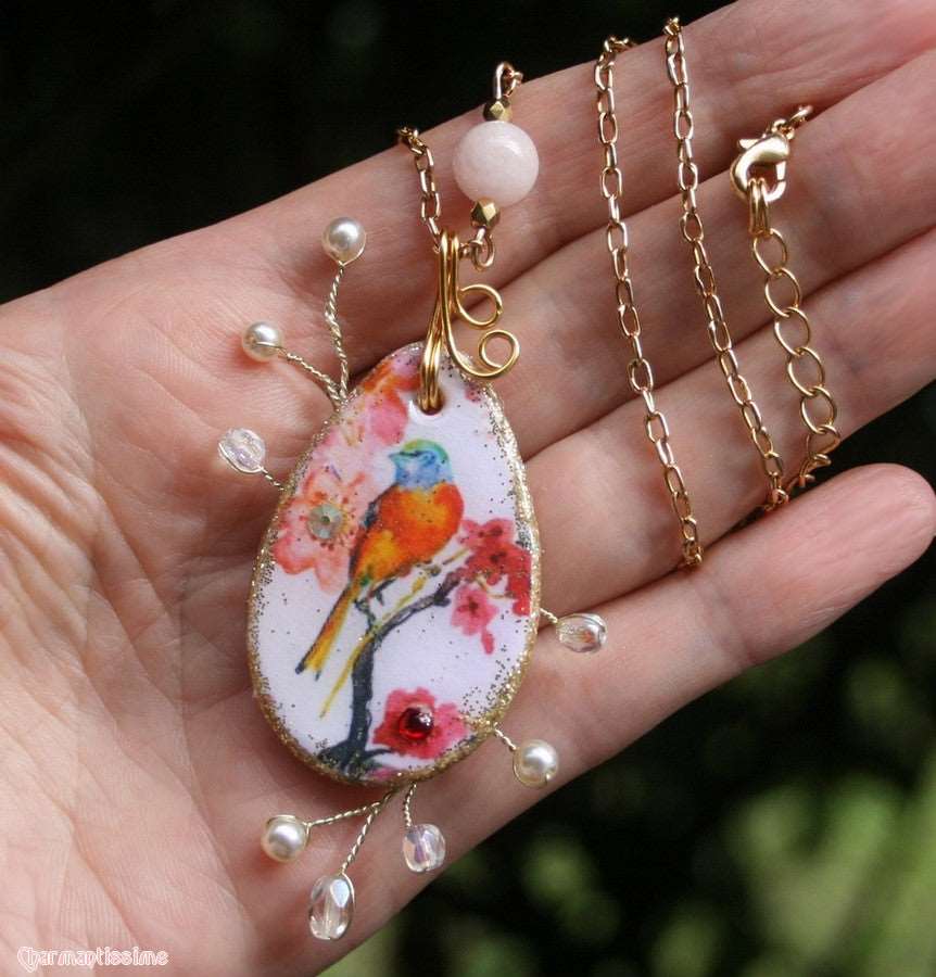 collier oiseau fleurs sakura perles cristal nacre morganite boho chic