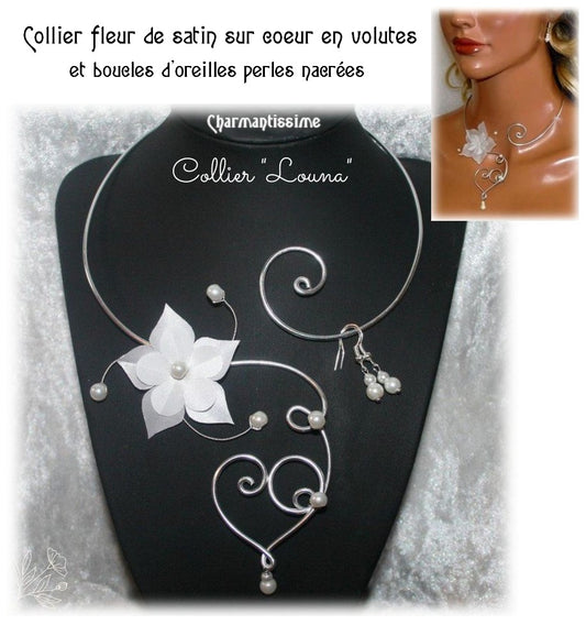 Collier parure mariée bohème Louna avec fleur blanche sur coeur en volutes d'alu argent