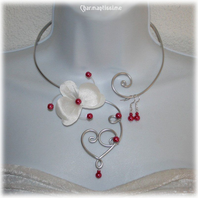collier parure mariee floral orchidee ivoire et fuchsia et coeur en argent