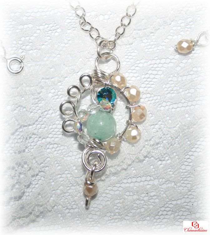 Collier pendentif pierre amazonite Strass bleu turquoise elfique celtique et chaine argent
