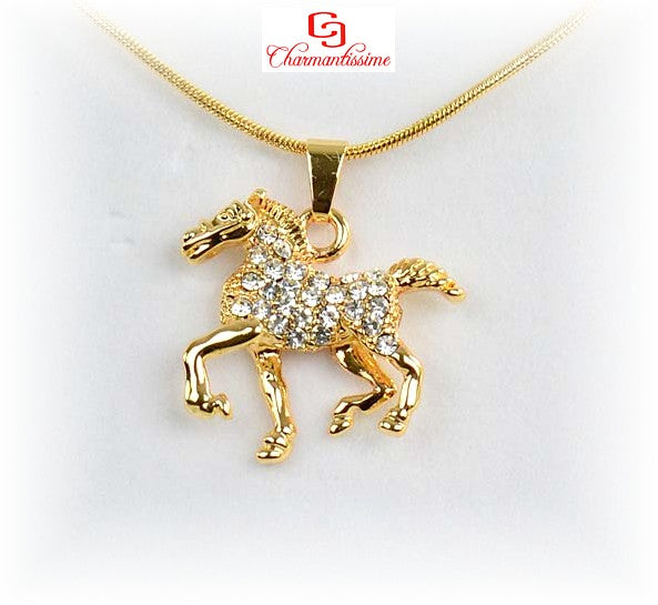 Collier pendentif cheval doré ''or'' avec strass et chaine maille