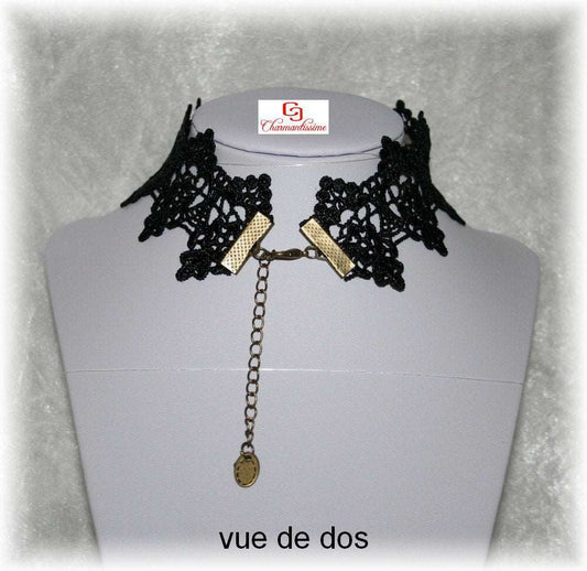 Collier choker noir en dentelle avec perles goutte et Onyx noir