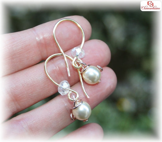 jolies boucles oreille mariee or perle nacre ivoire cristal original pas cher