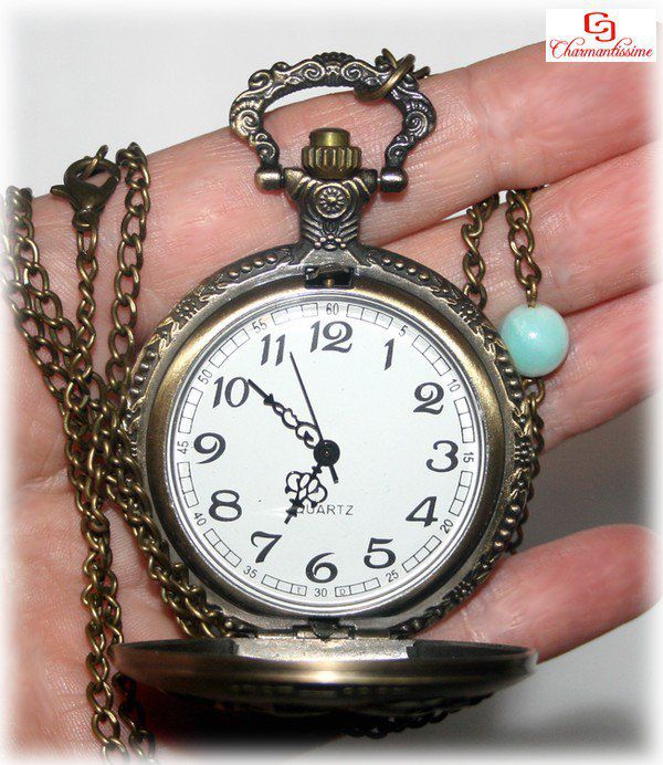 Collier montre de poche à gousset style ancien et perle aigue-marine