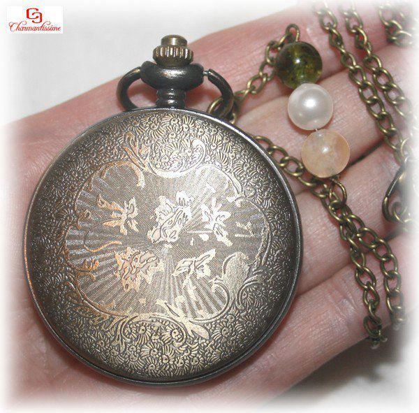 Montre à gousset style ancien Oiseaux & pierres naturelles (vue de dos)