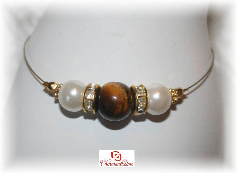 Bracelet Oeil de tigre Strass & et perles nacrées sur fil doré pas cher