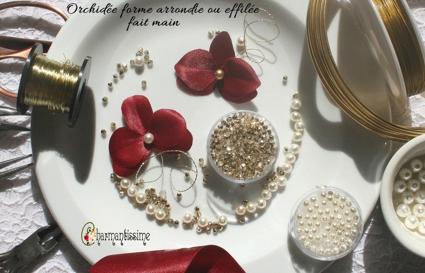 Parure de bijoux fleur Orchidée bordeaux "Anaïs" - Modèle 3 pièces