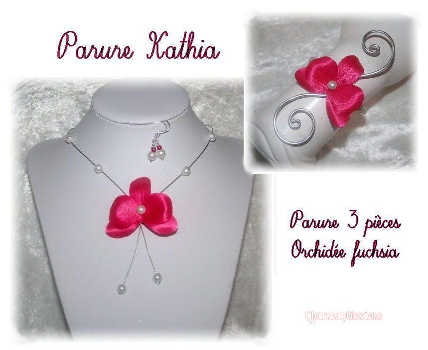 Parure bijoux mariage boheme fleur orchidée fushia et perles nacrées