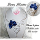 Parure bijoux mariage fleur orchidée bleu marine sur coeur en arabesques alu argent