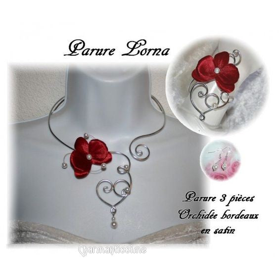 Parure bijoux mariage champêtre fleur orchidée bordeaux bohème chic sur coeur en spirales alu argent