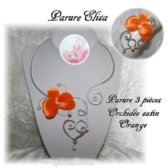 Parure bijoux floral orchidée orange sur coeur en arabesques alu argent