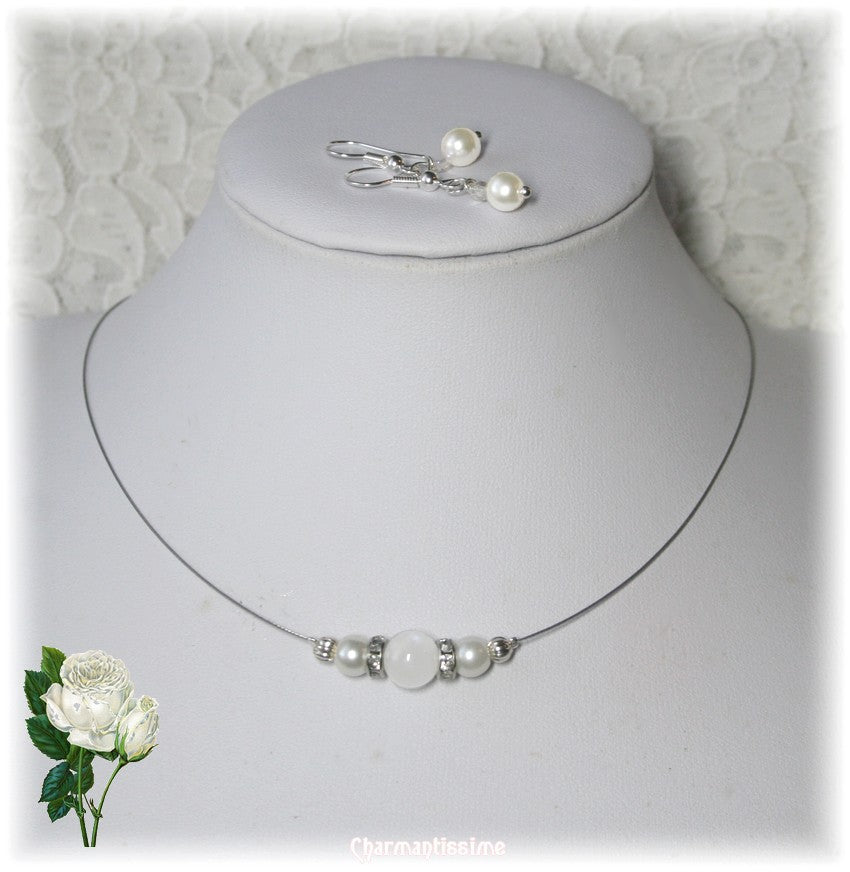 Collier de mariée pierre de lune blanche, strass, argent