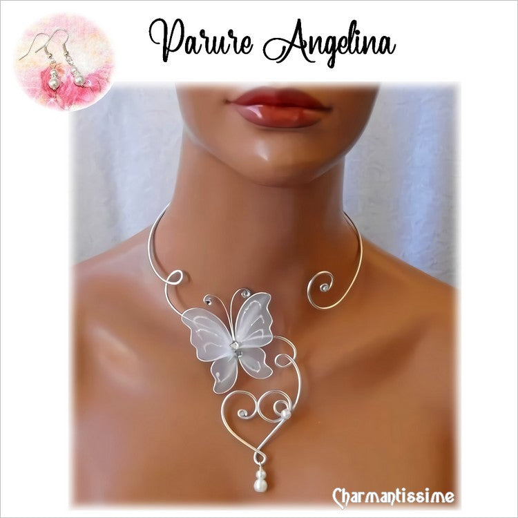 Jolie parure collier mariage papillon blanc ou ivoire Angelina sur coeur en volutes pour mariée et demoiselle d'honneur