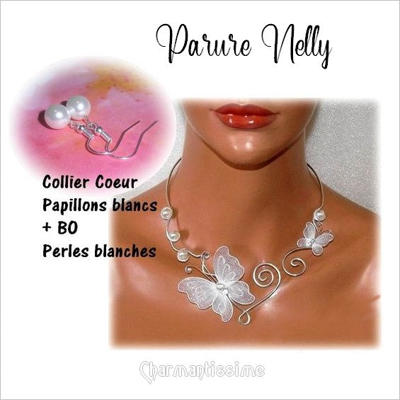 Parure de mariage Nelly avec papillons blancs ou ivoires sur coeur en volutes d'alu et perles nacrées