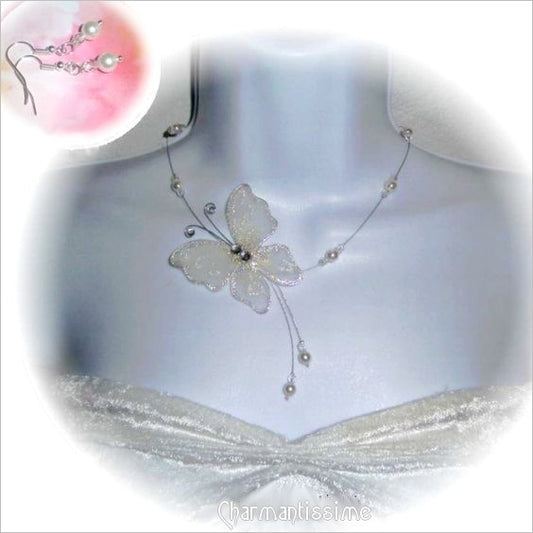 collier papillon ivoire + boucles d'oreilles sur fil de perles nacrées et perles cristal de bohême pour mariée et demoiselle d'honneur